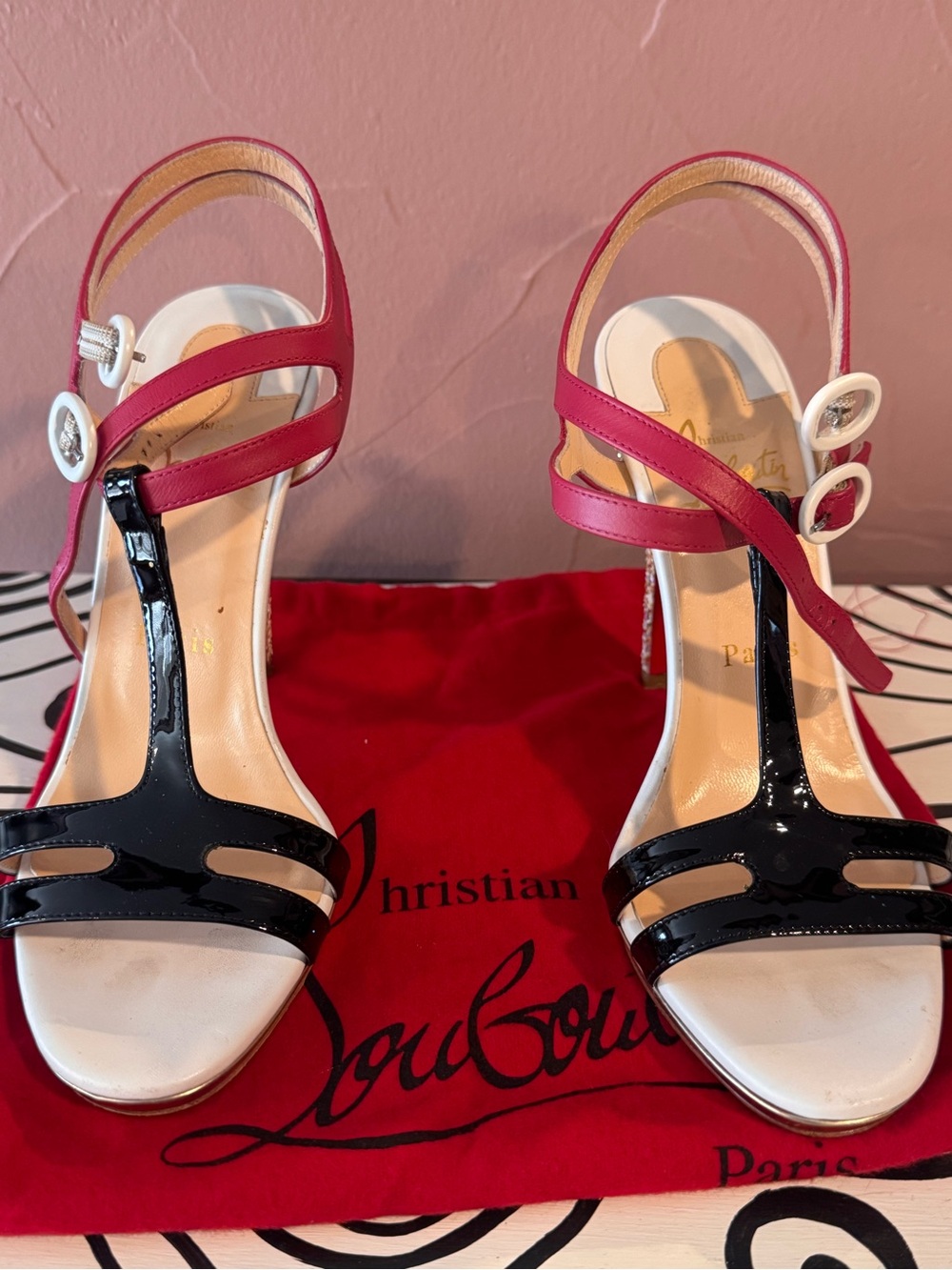 Christian Louboutin Pink, Black and White Strappy Patent Leather Heels